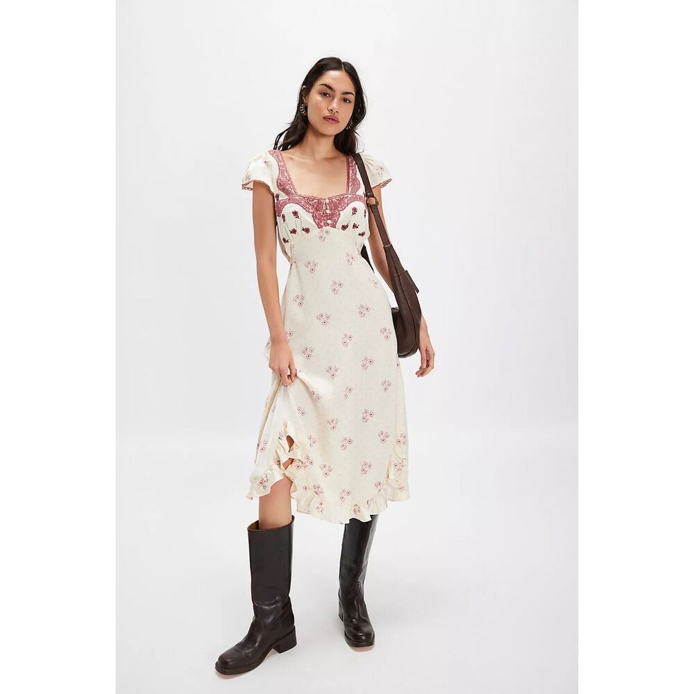 Free People Haven Embroidered Lace Trim Satin Midi Dress - Picture 2 of 11